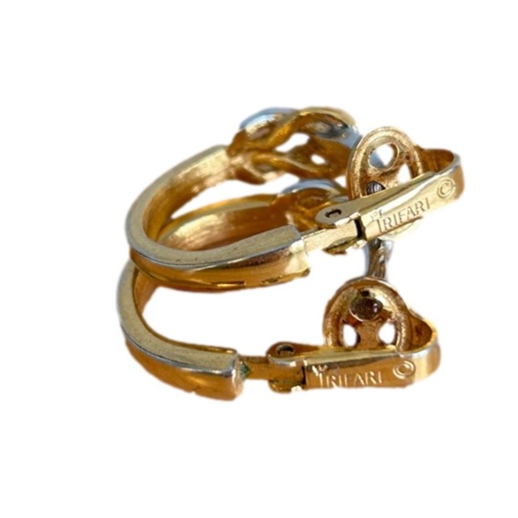 Crown Trifari Gold Silver Tone Knot Hoop Earrings - Picture 4 of 11